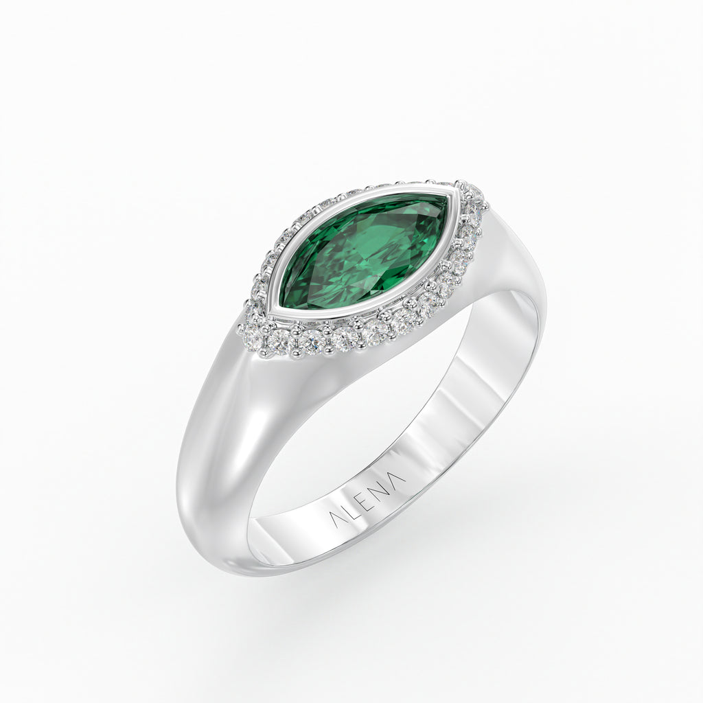 Marquise Emerald & Diamonds Pinky Ring