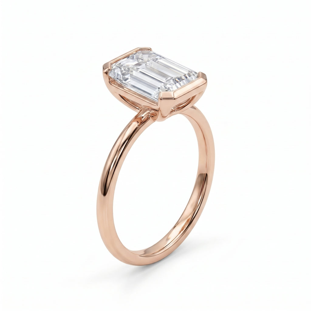 Emerald Cut Half Bezel Solitaire Engagement Ring