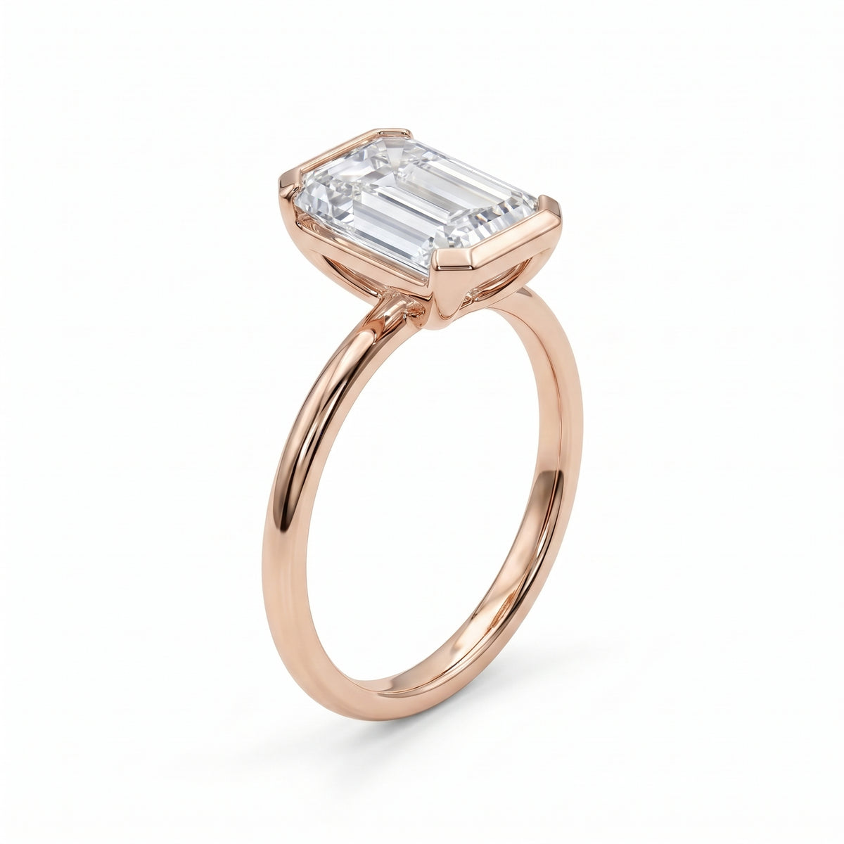 Emerald Cut Half Bezel Solitaire Engagement Ring