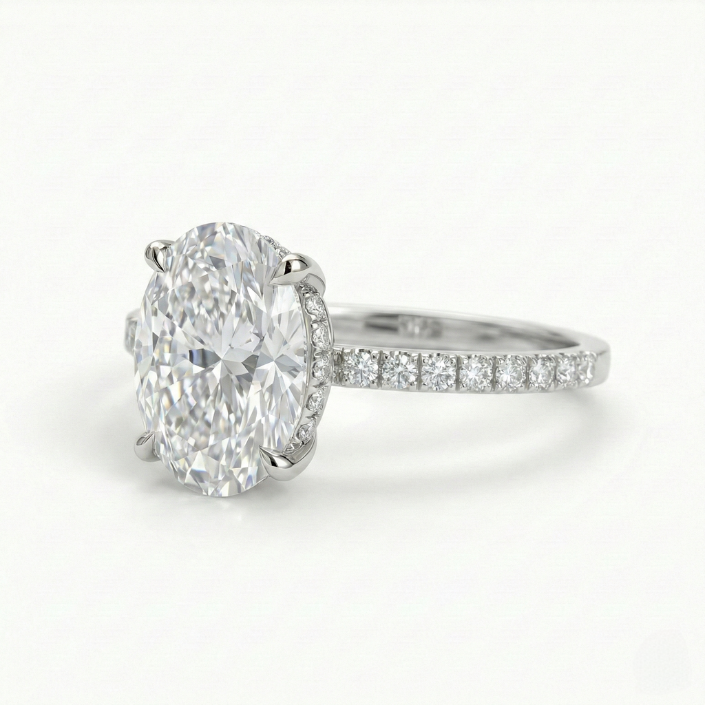 Oval Diamond Ring with Hidden Halo and Pavé Band