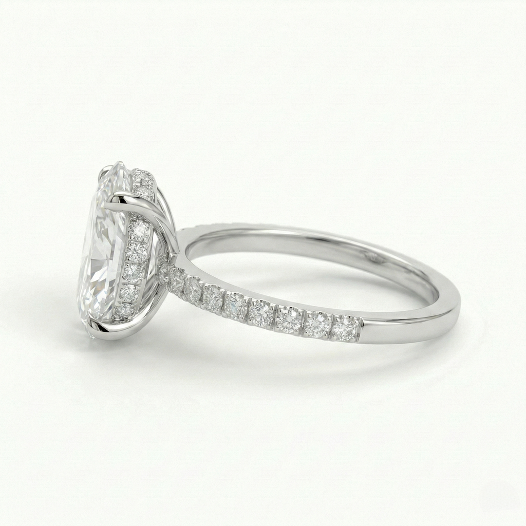 Oval Diamond Ring with Hidden Halo and Pavé Band