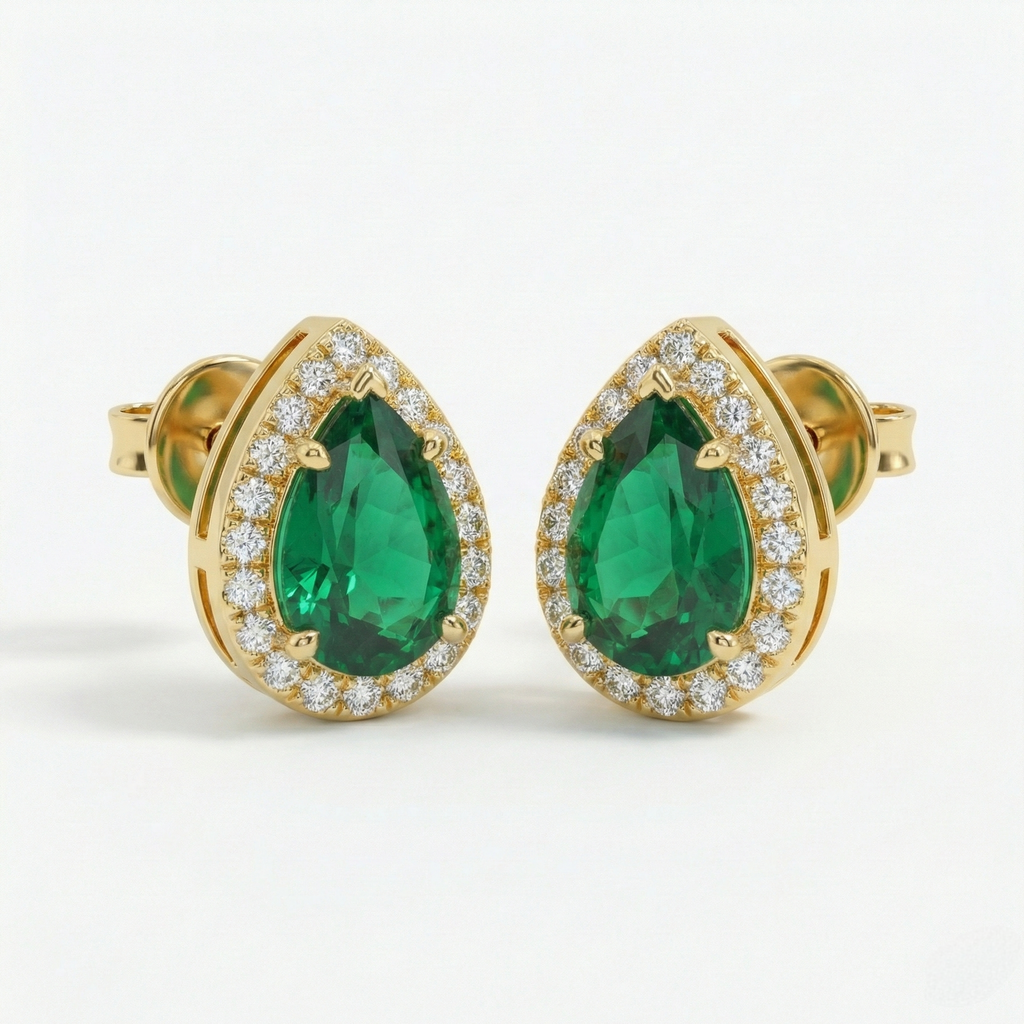14K Gold Pear Emerald & Diamond Halo Stud Earrings