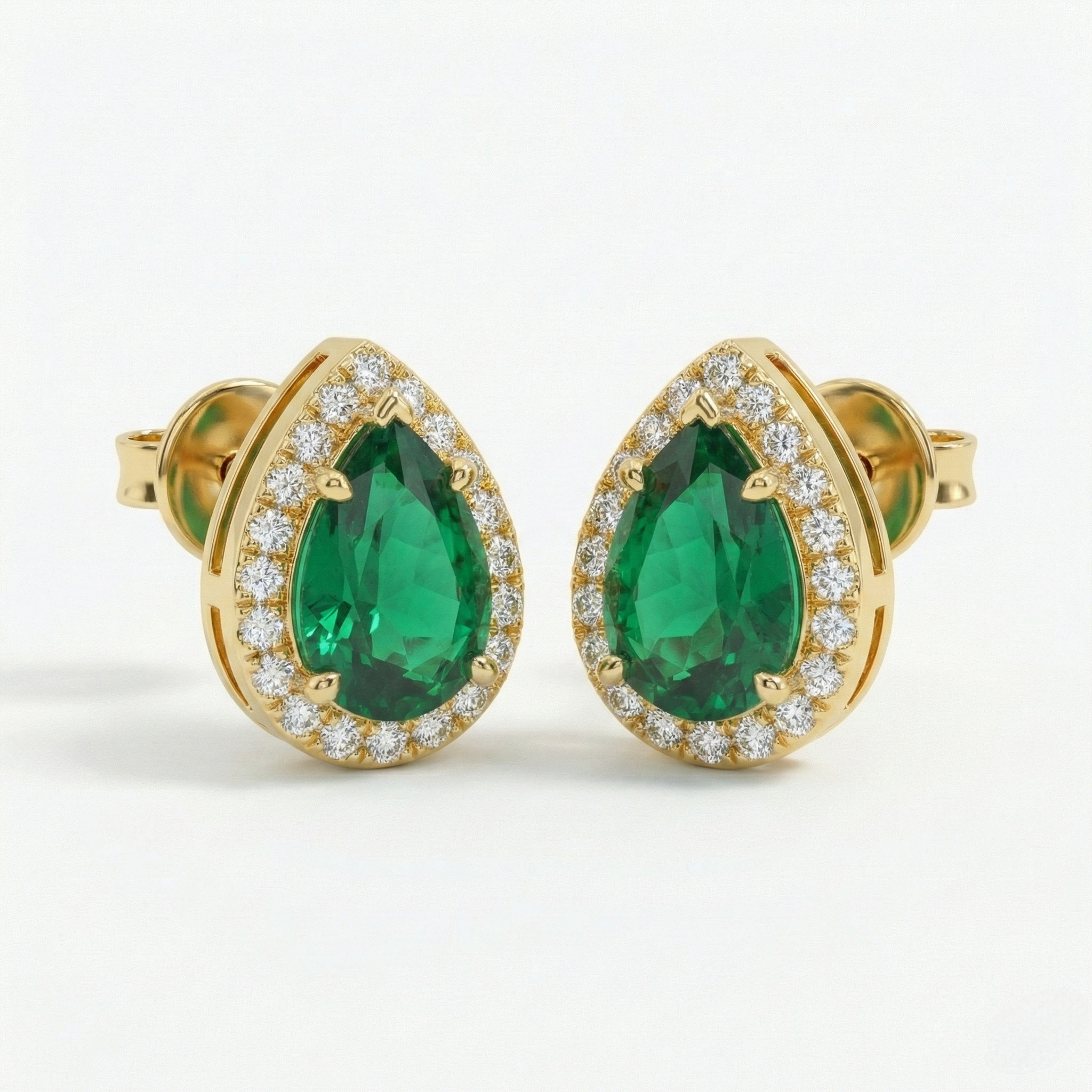 14K Gold Pear Emerald & Diamond Halo Stud Earrings