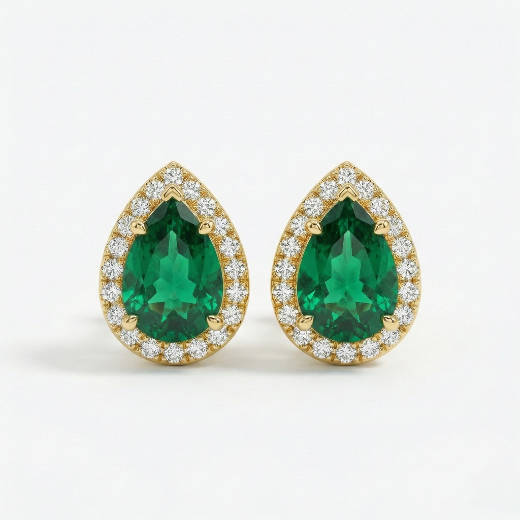 14K Gold Pear Emerald & Diamond Halo Stud Earrings