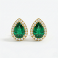 14K Gold Pear Emerald & Diamond Halo Stud Earrings