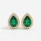 14K Gold Pear Emerald & Diamond Halo Stud Earrings