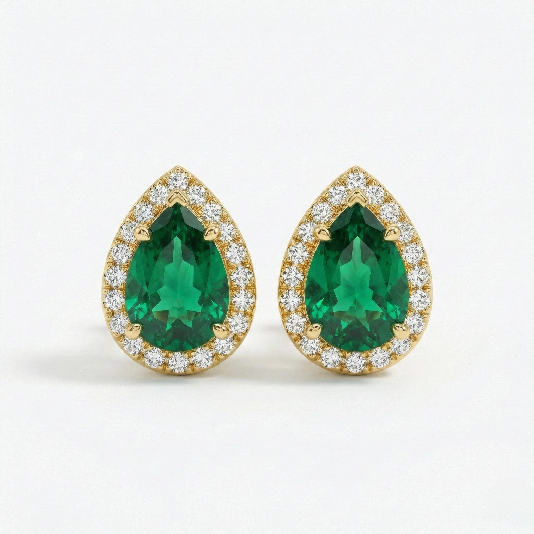 14K Gold Pear Emerald & Diamond Halo Stud Earrings