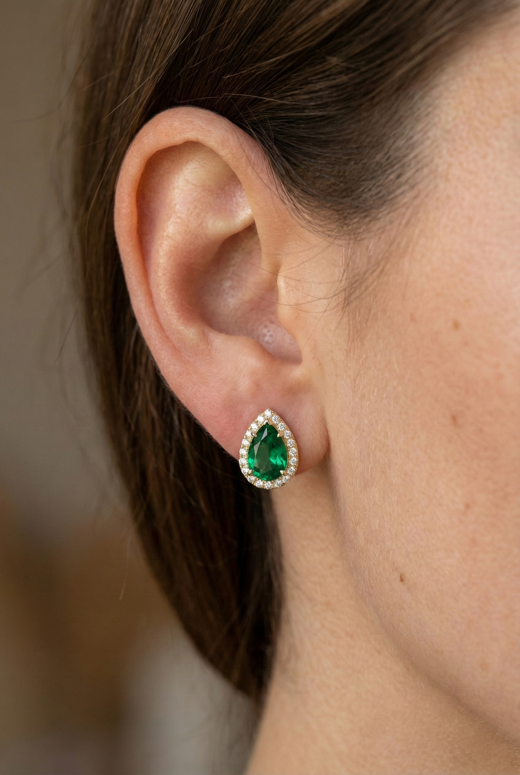 14K Gold Pear Emerald & Diamond Halo Stud Earrings