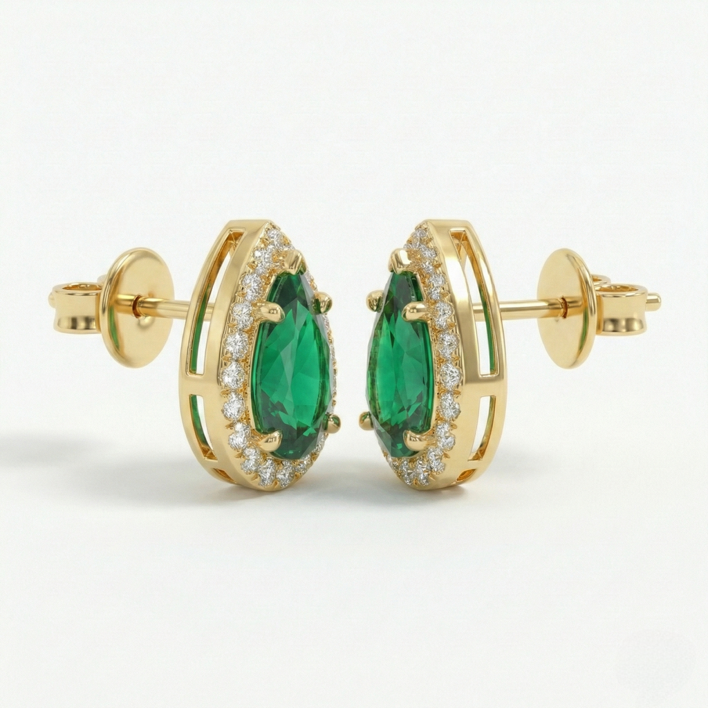 14K Gold Pear Emerald & Diamond Halo Stud Earrings