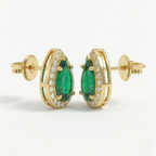 14K Gold Pear Emerald & Diamond Halo Stud Earrings