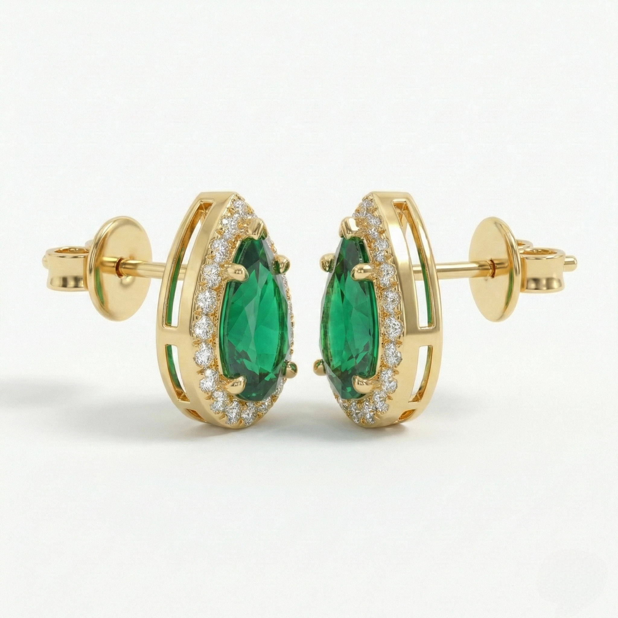 14K Gold Pear Emerald & Diamond Halo Stud Earrings