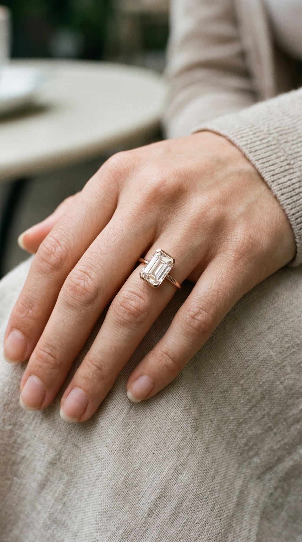 Emerald Cut Half Bezel Solitaire Engagement Ring