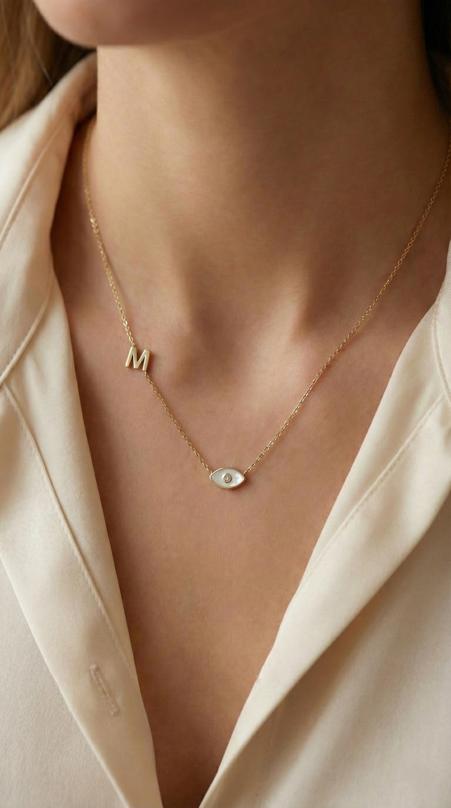 Evil Eye Diamond Necklace with Letter