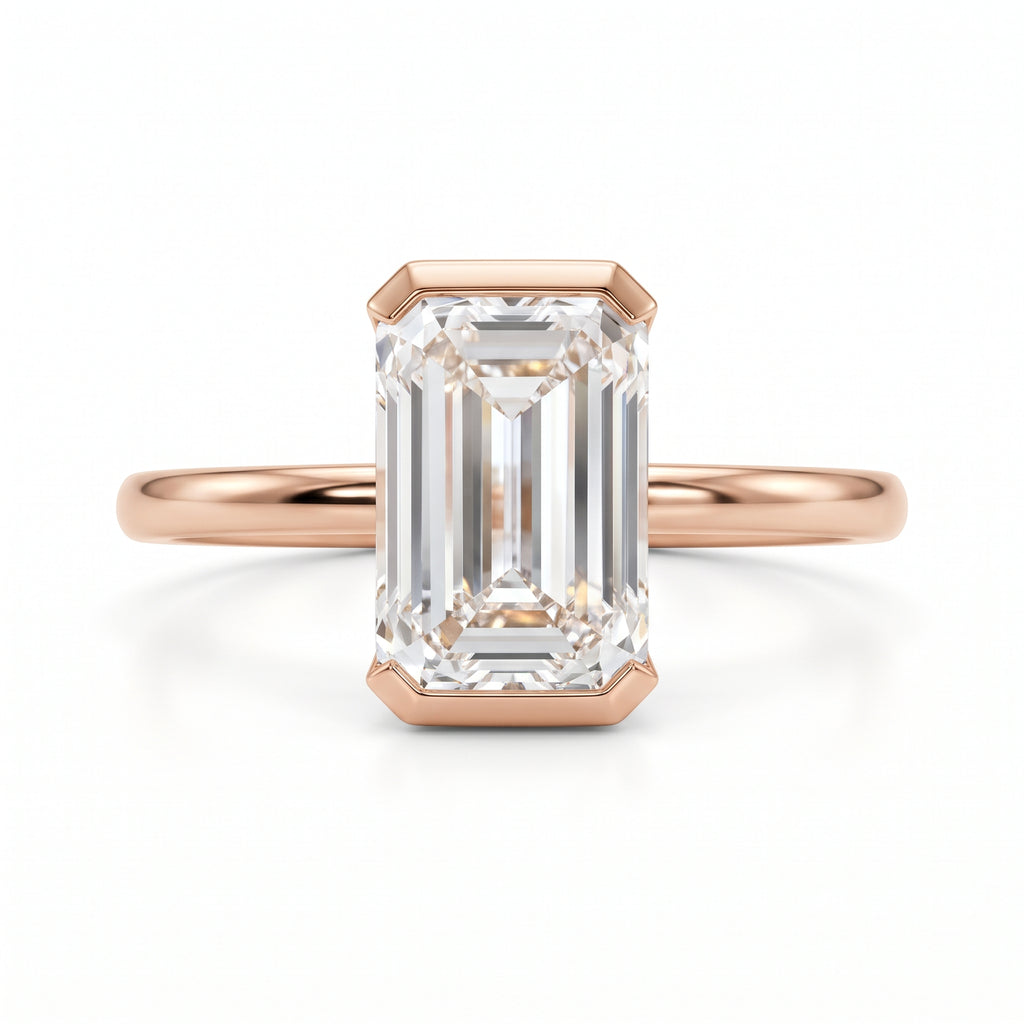 Emerald Cut Half Bezel Solitaire Engagement Ring