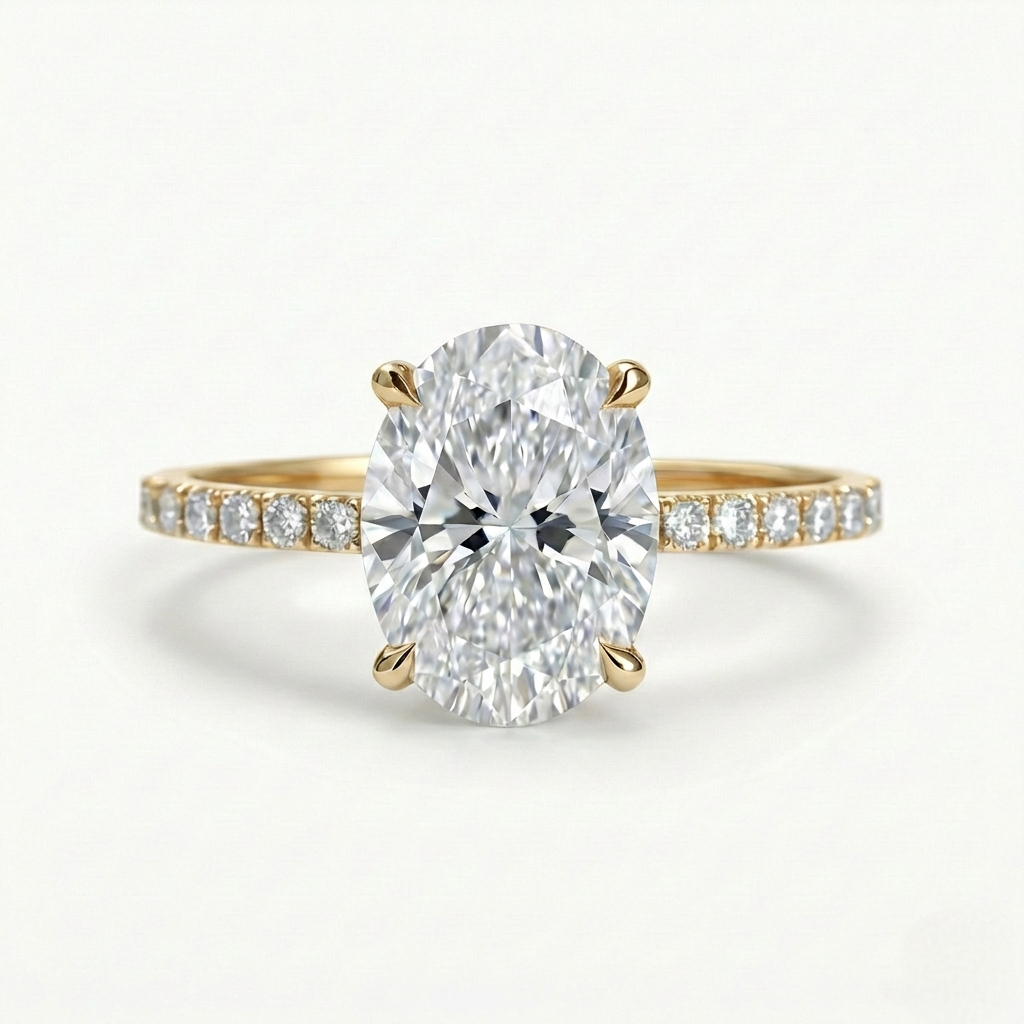 Oval Diamond Ring with Hidden Halo and Pavé Band