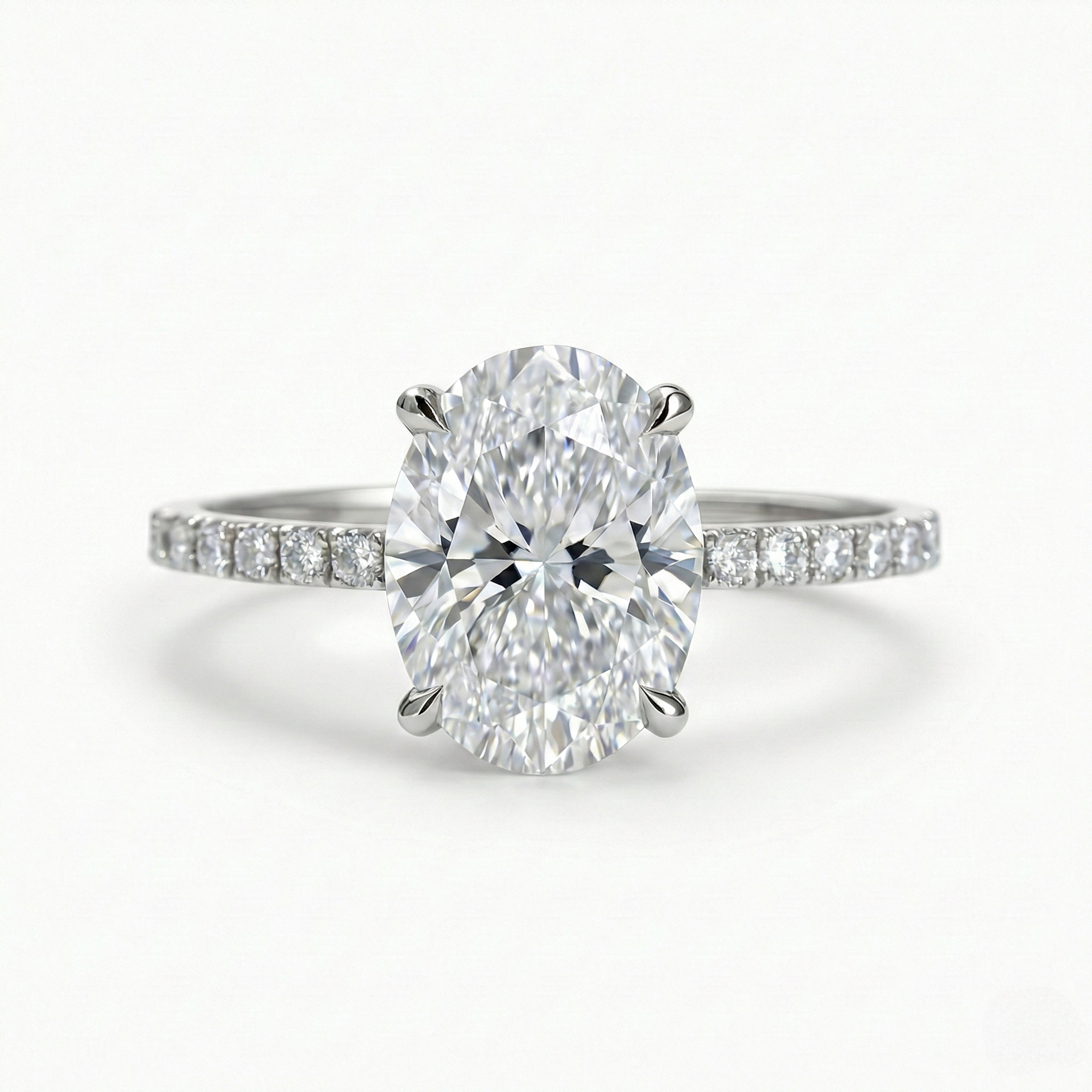 Oval Diamond Ring with Hidden Halo and Pavé Band