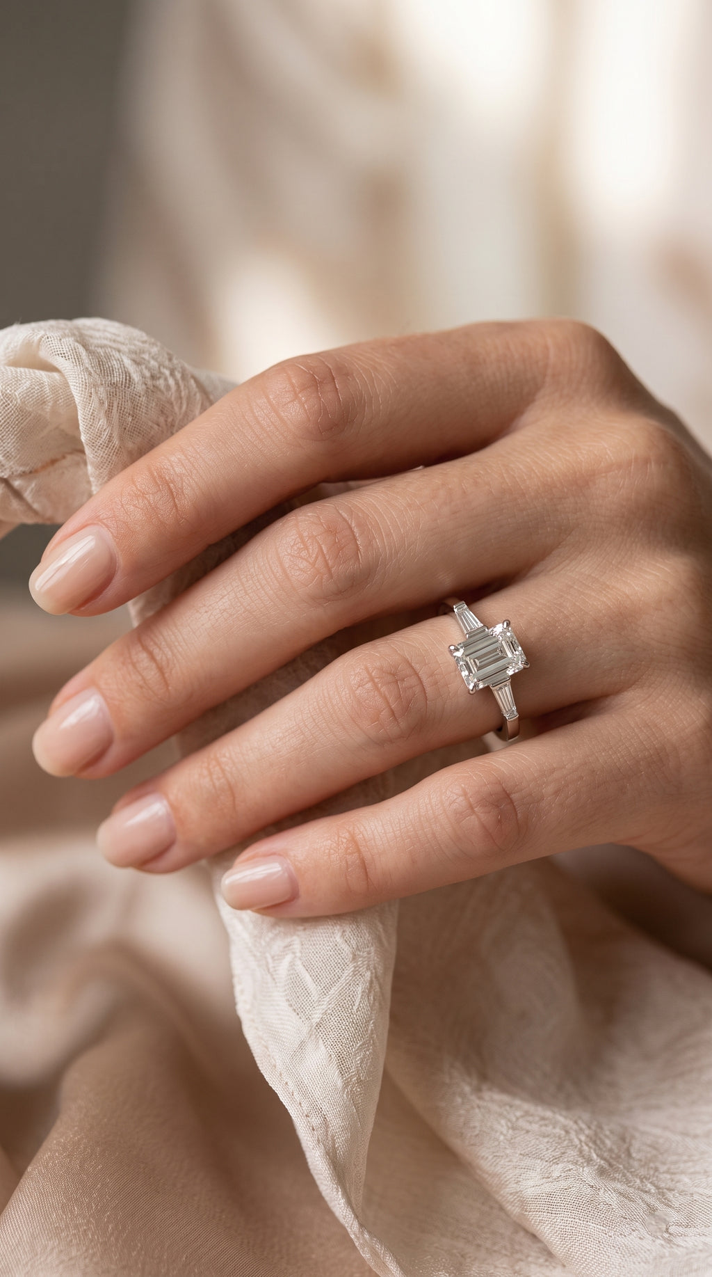 Emerald Cut Three Stone Ring with Tapered Baguettes