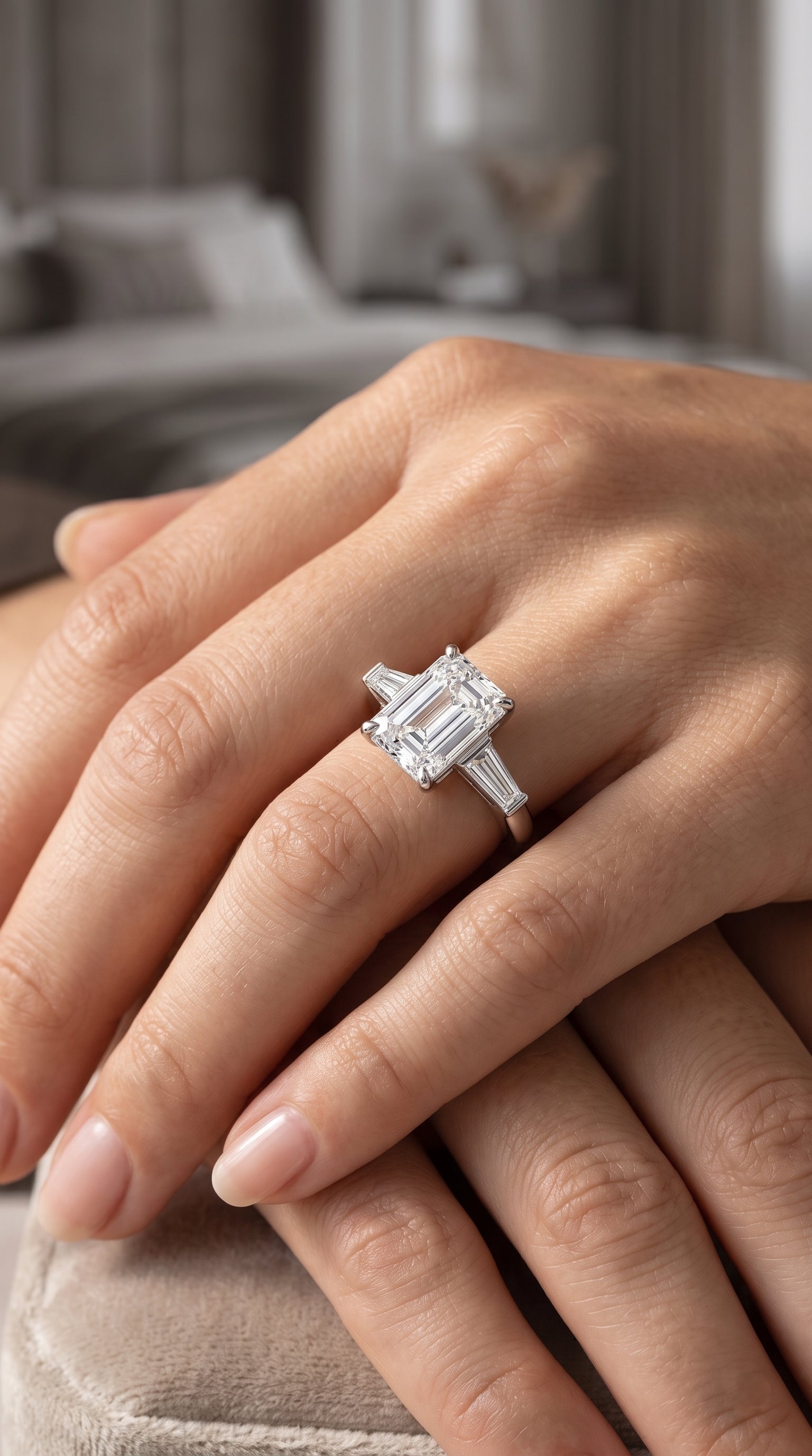 Emerald Cut Three Stone Ring with Tapered Baguettes