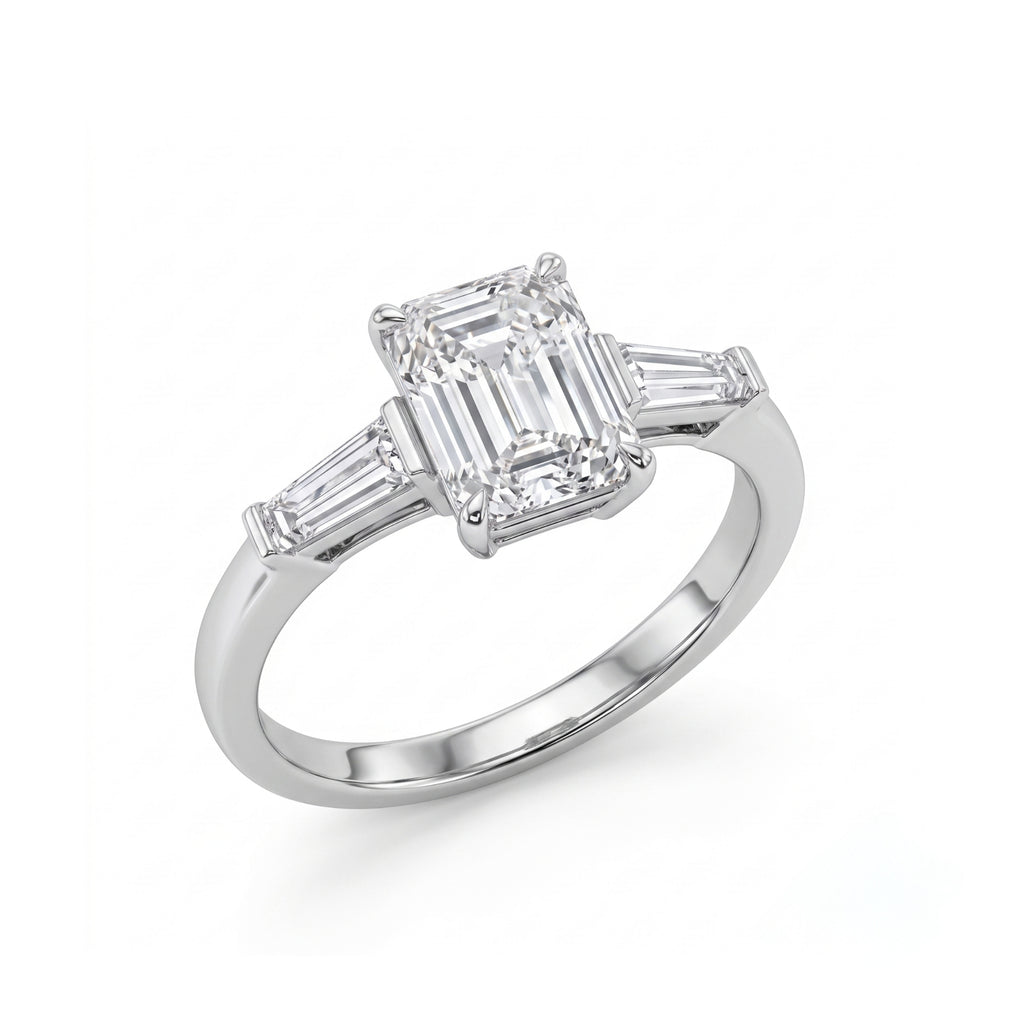 Emerald Cut Three Stone Ring with Tapered Baguettes