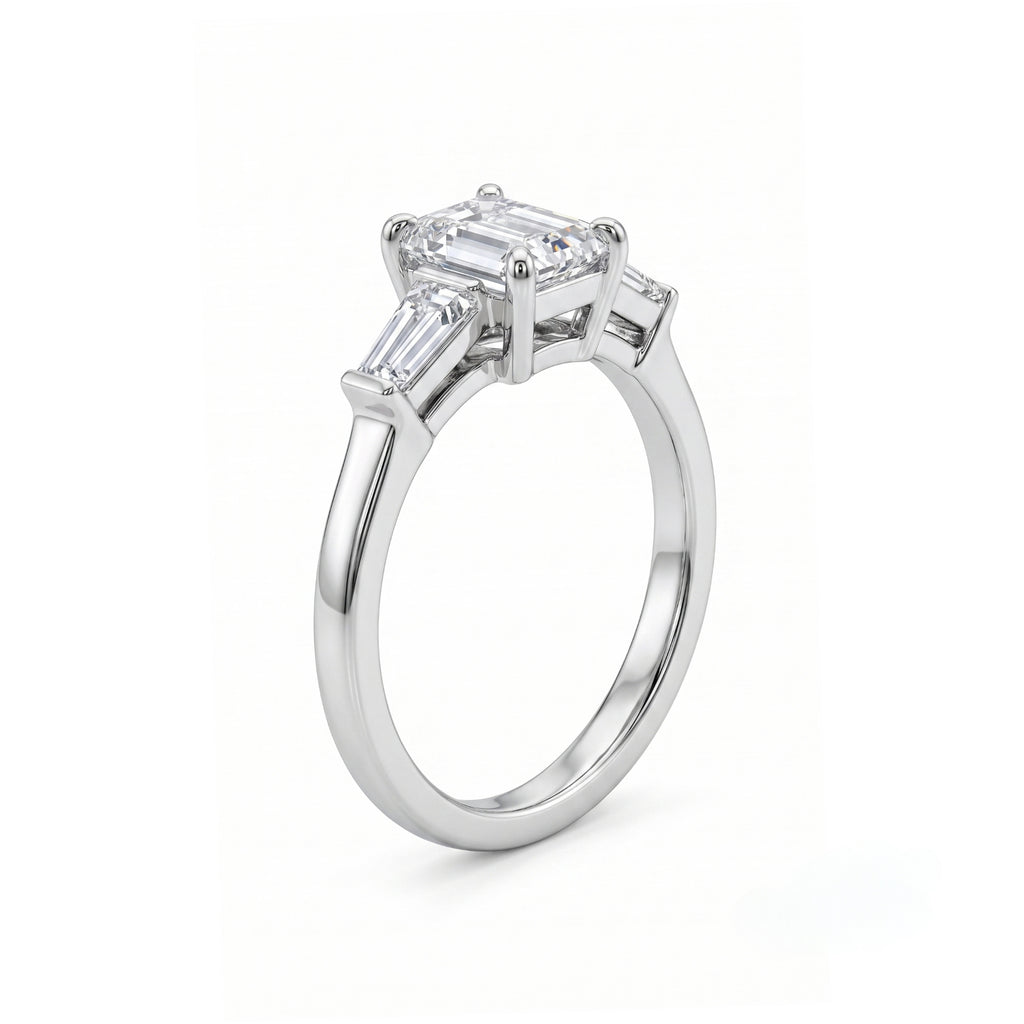 Emerald Cut Three Stone Ring with Tapered Baguettes