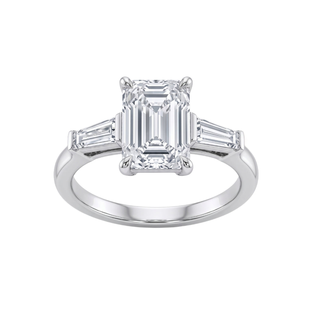 Emerald Cut Three Stone Ring with Tapered Baguettes