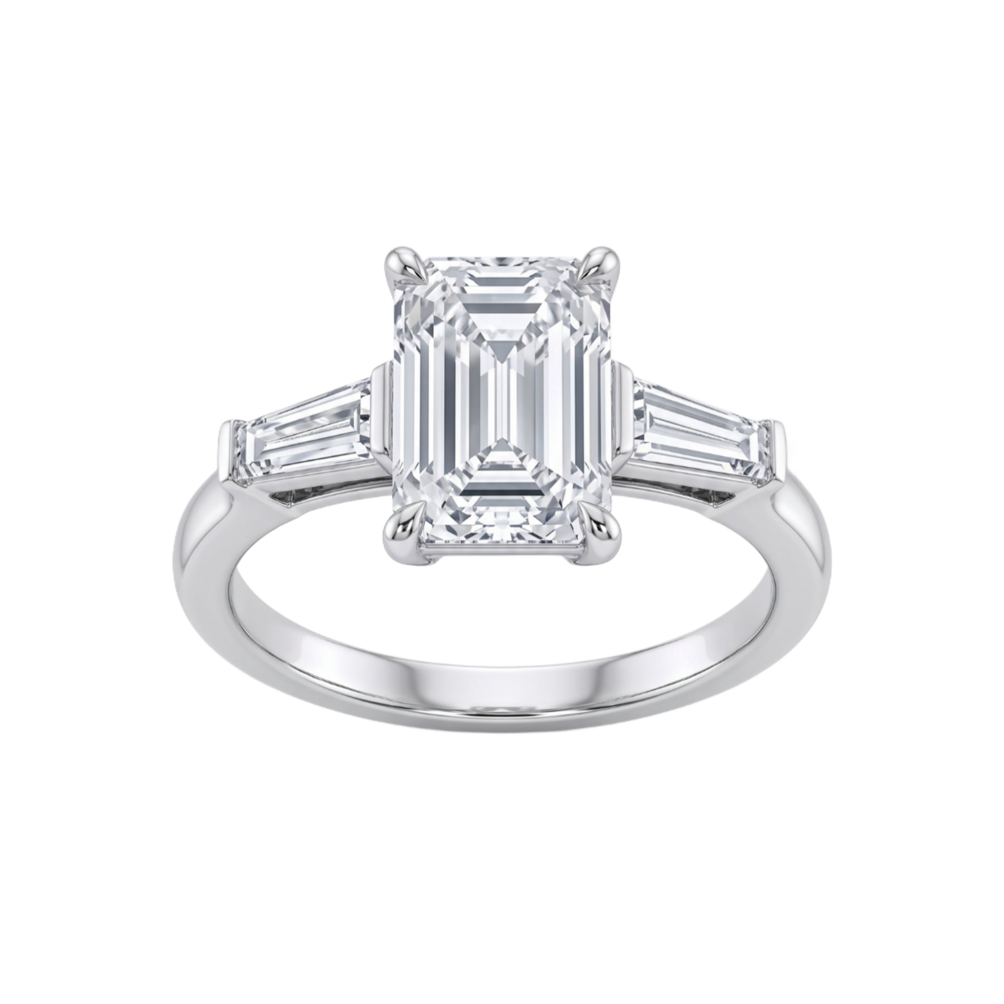 Emerald Cut Three Stone Ring with Tapered Baguettes