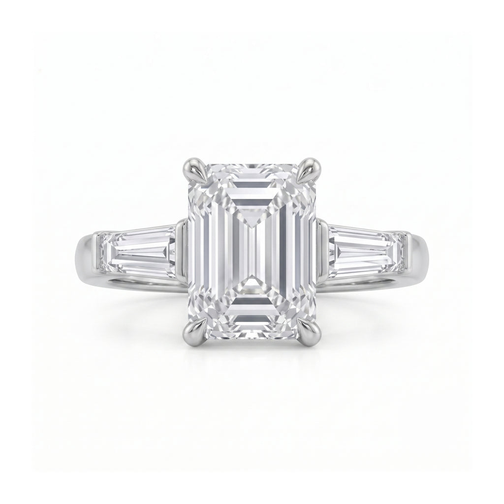 Emerald Cut Three Stone Ring with Tapered Baguettes